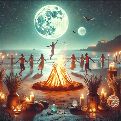 Escena espiritual en la playa durante el ritual de San Juan con hoguera, personas danzando y elementos místicos bajo la luna llena en el solsticio de verano.