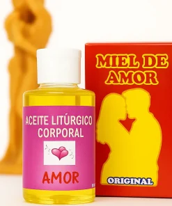 Aceite litúrgico corporal de amor y polvos Miel de Amor en primer plano, velón de pareja entrelazada al fondo – El Cel Crisol