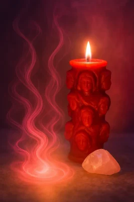 Energía amorosa representada con cuarzo rosa, pétalos y luz cálida del Velón Mil Caras, símbolo de apertura al amor verdadero – El Cel Crisol