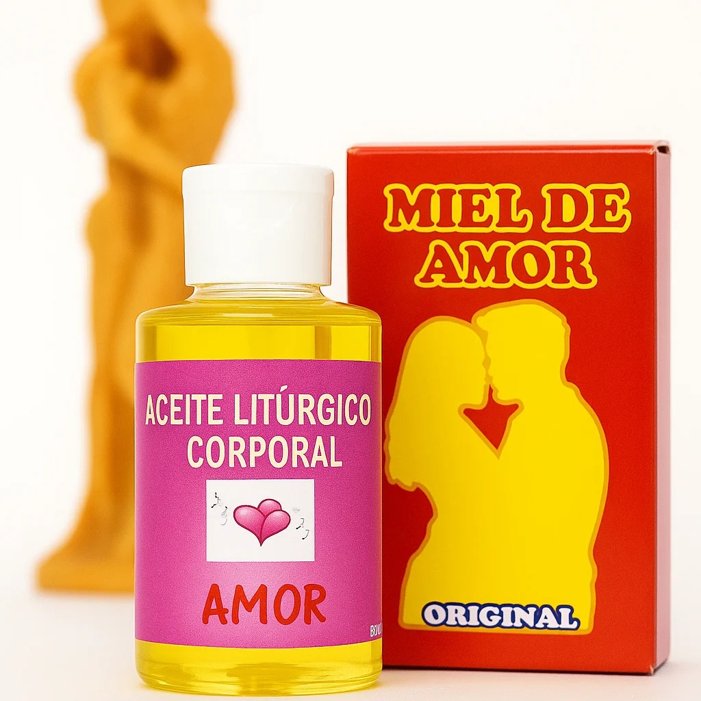 Aceite litúrgico corporal de amor y polvos Miel de Amor en primer plano, velón de pareja entrelazada al fondo – El Cel Crisol