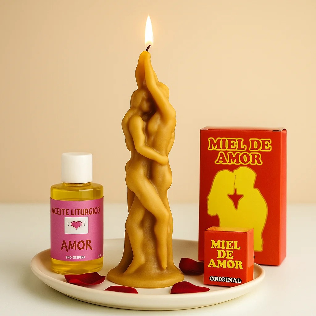 Escena cálida del ritual para recuperar el amor con velón de pareja entrelazada de miel – El Cel Crisol